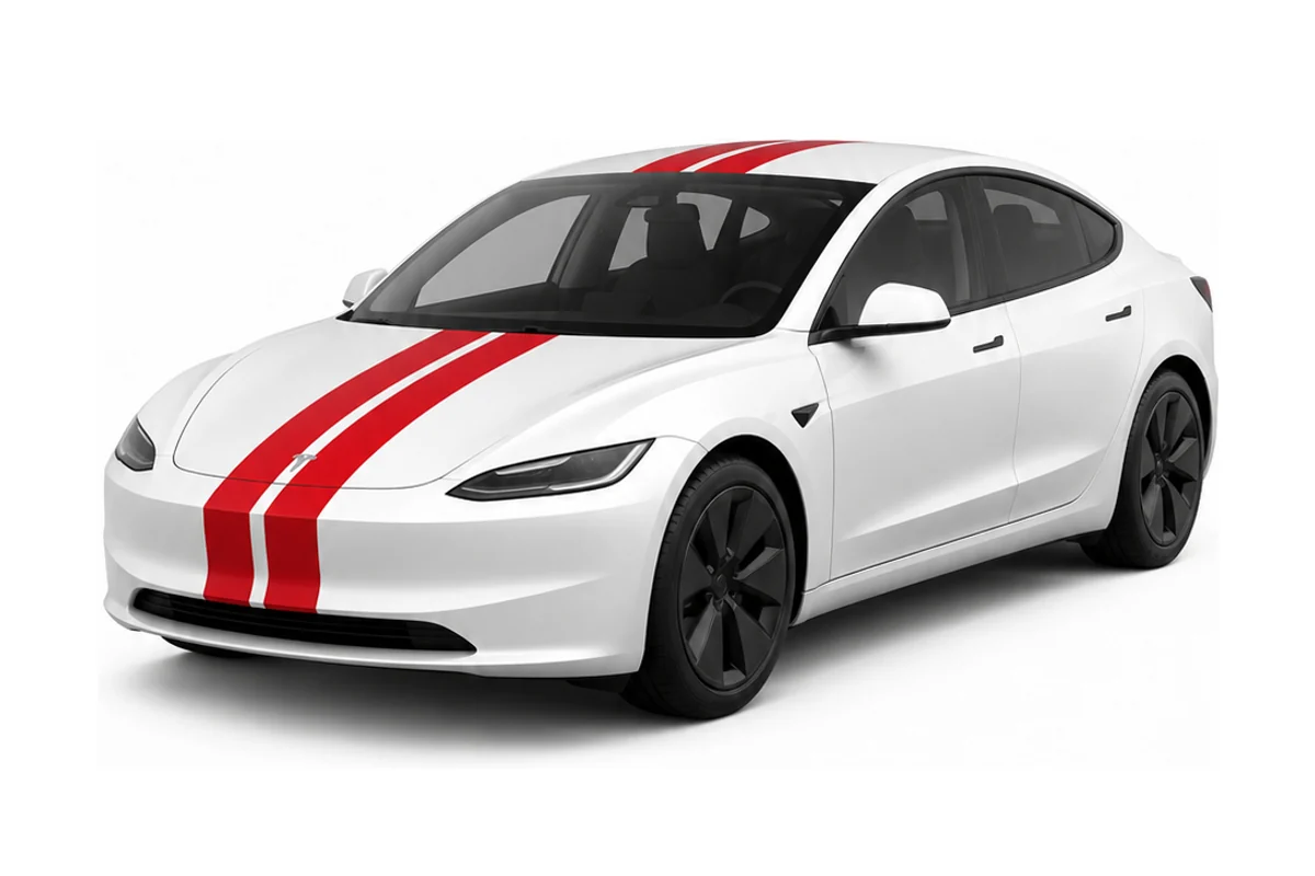Model 3 in white with red racing stripes