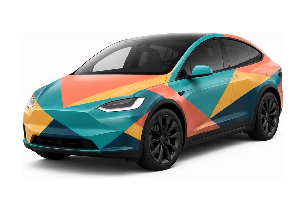 Model Y in a faceted colour block